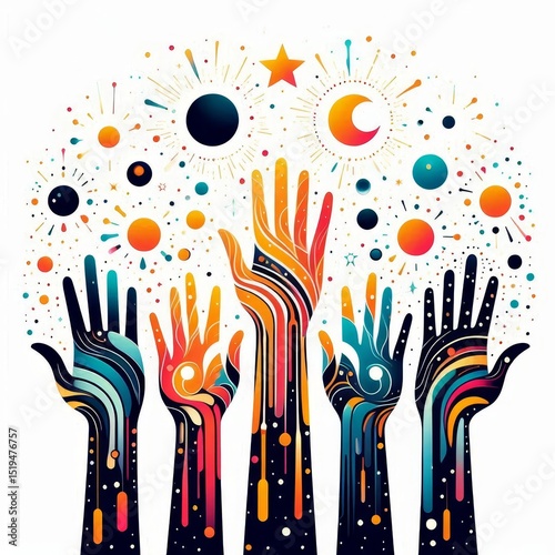 Colorful abstract hands reaching up with cosmic sun, moon and stars. Vibrant artistic concept of unity and imagination