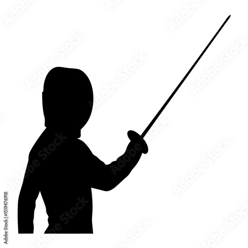 Silhouette of fencer in full gear, holding a foil with arm extended