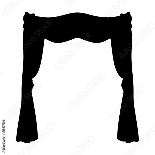 Elegant black silhouette of classic window curtains and valance, isolated on white
