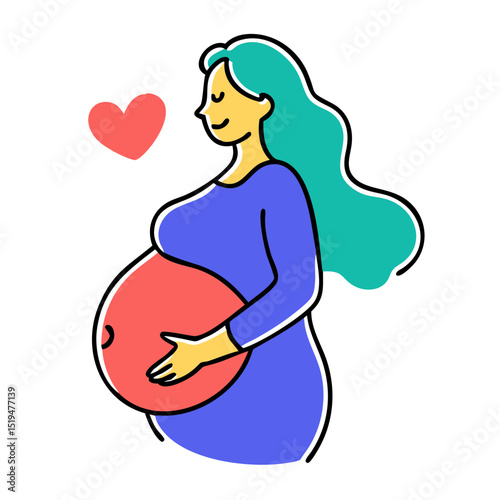 Pregnant woman in a blue dress holding her belly with love and joy in a warm, vibrant style