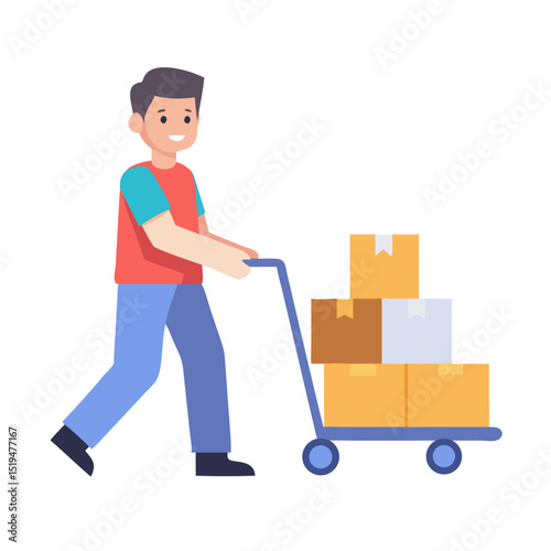 Delivery person transports packages on a cart in a bustling warehouse during daylight hours