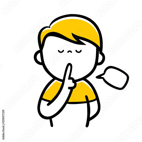 Child with yellow shirt making a hushing gesture in a playful setting during daylight hours