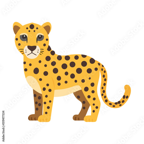 Colorful illustration of a leopard standing proudly on a white background showcasing its vivid spots and charming expression