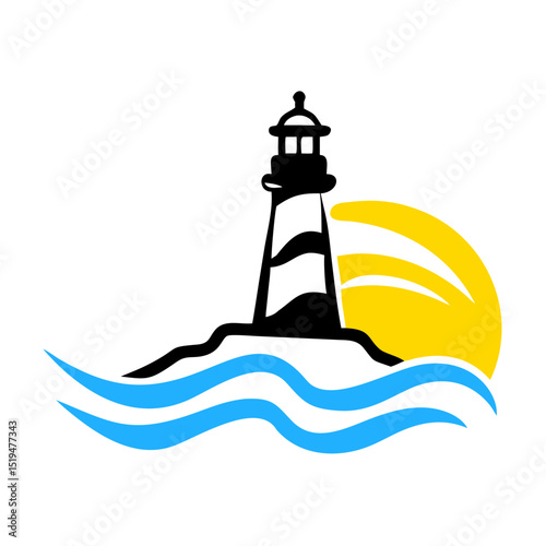 Lighthouse stands tall by the shore with waves lapping against its base as the sun sets in the background creating serene ambiance