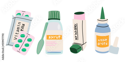 Medicine, pharmacy concept. Vector cartoon retro set of medicines and pills for illness and colds. Nose drops, cough syrup, inhaler, vitamins, pills, tablets and medicine drugs. Groovy illustrations