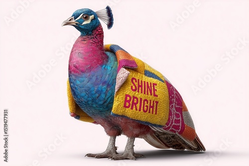 A funky peacock in a vibrant jacket holding a message saying 