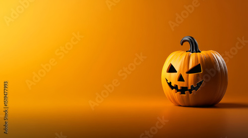 Cheerful Jack-o'-lantern glowing with mischievous glee, embodying Halloween's eerie allure, Pagan Samhain whispers in the amber glow photo