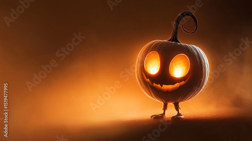 Glowing jack-o'-lantern with whimsical legs dances in the eerie mist, celebrating Samhain and the Spirit Festival