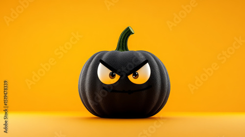 Fierce-eyed black pumpkin on vivid tangerine, quirky Halloween charm, Samhain mystery, unconventional autumn harvest whimsy