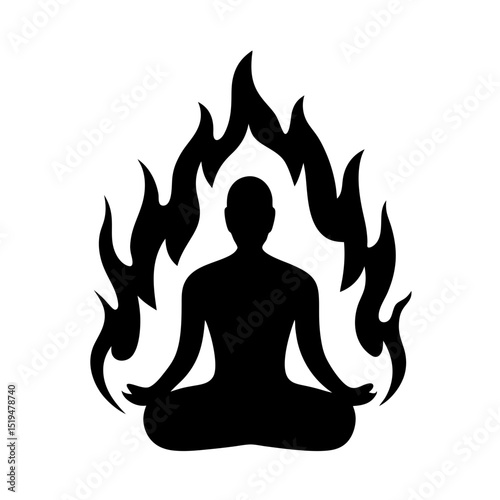 Silhouette of a person meditating surrounded by flames, representing inner fire