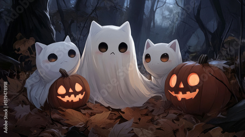 Ghostly feline apparitions with pumpkin companions conjure whimsical All Hallows Eve vibes under the moonlit woodland canopy