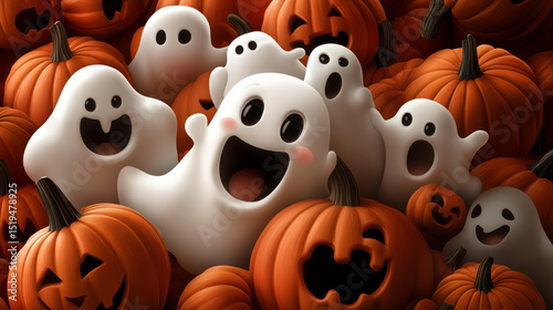 Joyful apparitions frolic amidst mischievously grinning pumpkins, celebrating Samhain's whimsical twilight dance and Dia de los Muertos' playful spirits