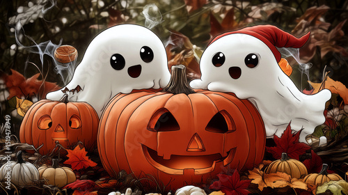 Playful ghostly duos gleefully emerge under autumnal spell, amidst carved pumpkins, celebrating Samhain and whimsical All Hallows Eve