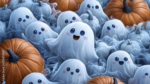 Cheerful cartoon phantoms amid pumpkins, celebrating Samhain's whimsy and Dia de los Muertos charm, wrapped in misty whispers