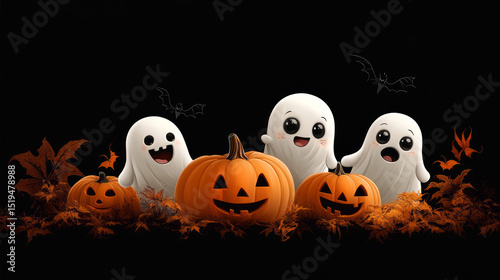 Three whimsical ghosts dance joyfully amidst carved pumpkins, evoking Halloween mischief and All Hallows' Eve enchantment