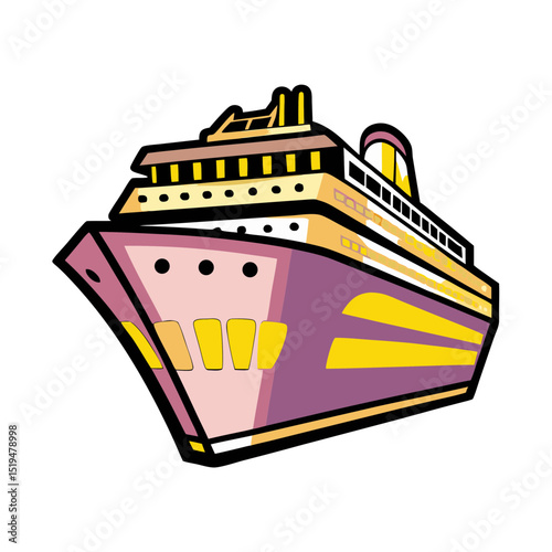Cartoon cruise ship in comic book style with bright colors, transparent background  