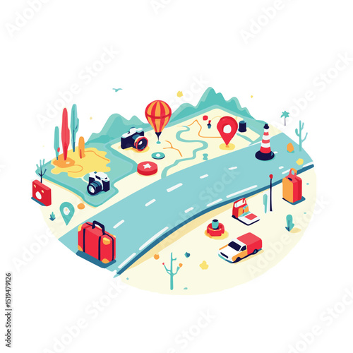 Road Trip Planner – Travel Map with Luggage and Cars
