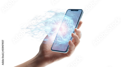 A hand holding a smartphone emitting dynamic energy waves, showcasing innovation and connectivity. photo