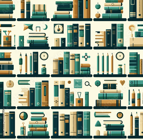 Flat vector pattern of stacked books on shelves in teal and yellow