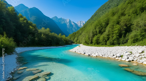 Light blue water in Soca river in summer hot evening in Slovenia
