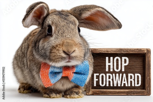 A quirky rabbit in a colorful bowtie holding a board with 
