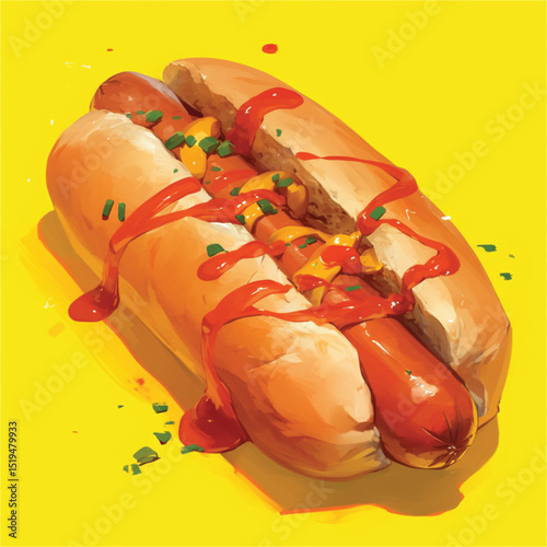 Delicious Hot Dog with Ketchup, Mustard, and Onions A Culinary Illustration