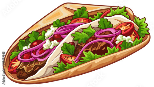 Flatbread filled with seasoned meat, lettuce, tomato, red cabbage, and creamy garlic sauce, shown in a tight shot on white, representing popular European street food with vibrant Mediterranean flair.