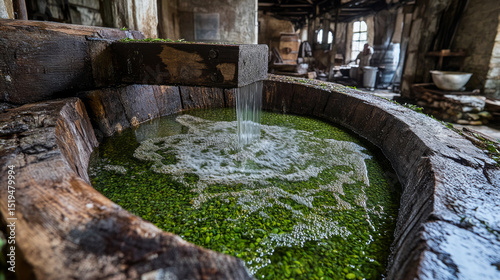 Ancient wooden vat bubbles with emerald spring water, inviting Ostara reflections, forgotten alchemy, and rustic renewal celebrations