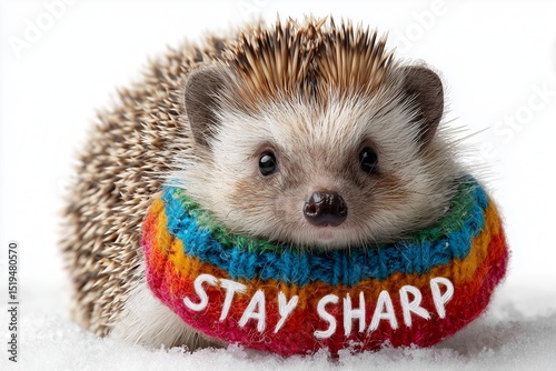 A quirky hedgehog in a colorful scarf holding a message saying 