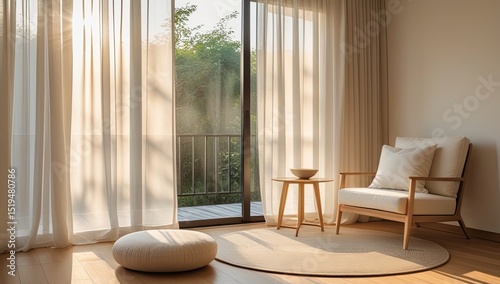 Serene living room interior featuring neutral colors soft curtains and natural light