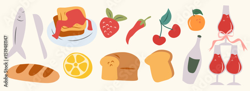 Summer italian food set. Hand drawn colorful mediterranean dinner with fish, bread, bakery, orange, lemon, wine. Dolce vita aesthetics whimsical doodles icon. Perfect for print, design menu, sticker.