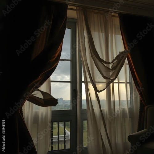 Velvet drapes fluttering wildly as thunder rolls beyond the window.