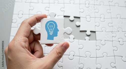 Hand holding puzzle piece, connecting for business solution and teamwork success