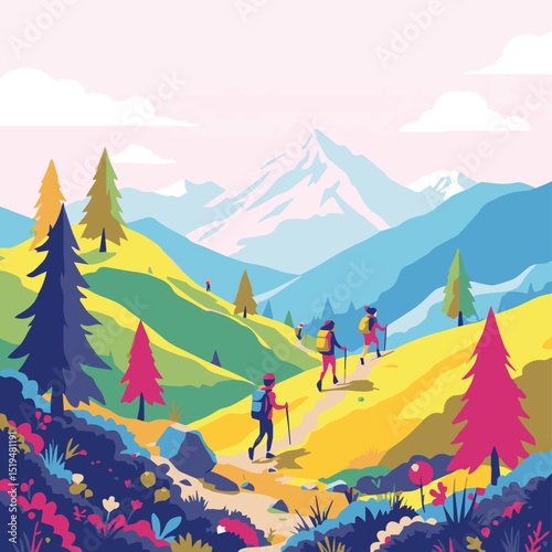 Group Hiking Through Colorful Mountains – Adventure Landscape Illustration