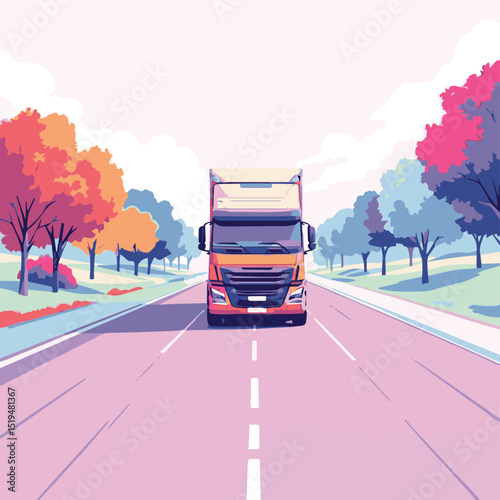 Autumn Tree Road with Truck – Seasonal Transportation Scene
