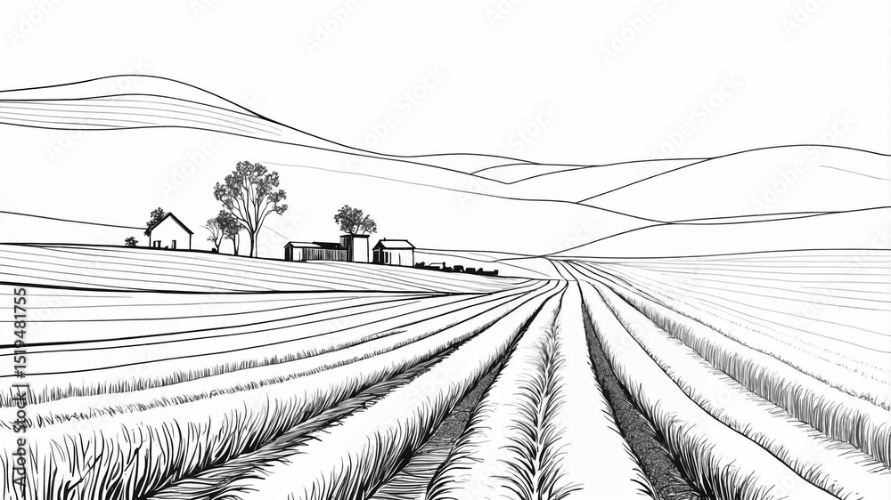 Obraz premium vine plantation hills, trees, clouds on the horizon illustration sketch