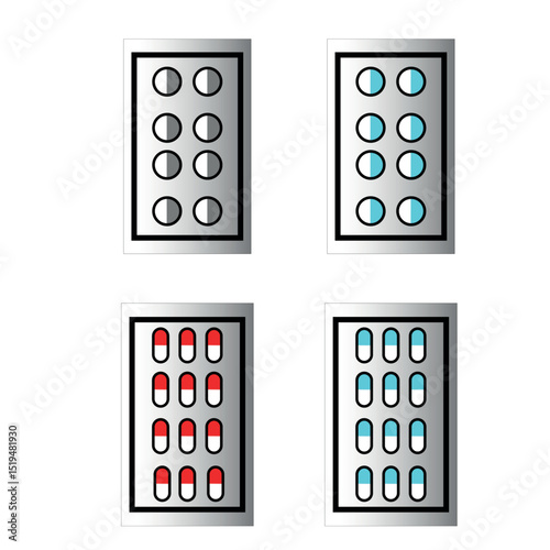 Medical blister pack icon set with different pills and capsules in flat design style
