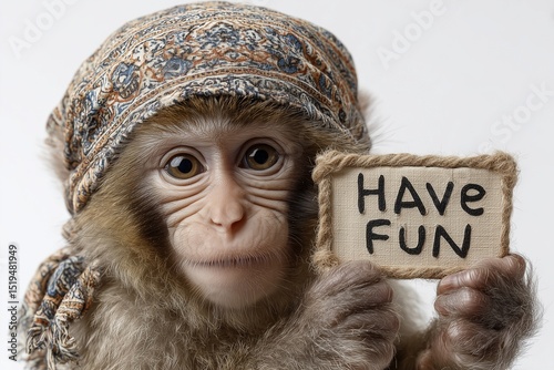 A funky monkey in a patterned bandana holding a sign that says 