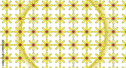 Seamless yellow flower pattern with red centers on white background for textile and wallpaper design
