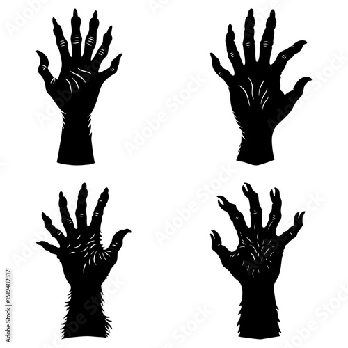 Four black silhouette images of monster hands with long claws on a white isolated background design