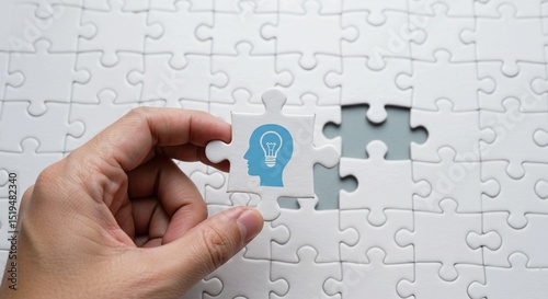 Hand holding a jigsaw puzzle piece, symbolizing business solution and teamwork success