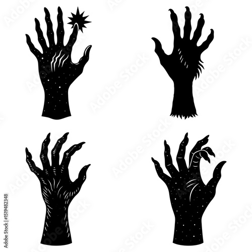 Illustration of four stylized black hands with different textures and shapes on a white background