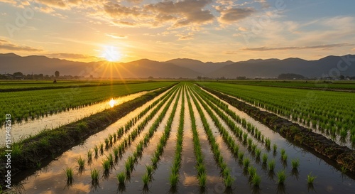 Green agricultural fields with vineyards stretch towards the horizon under a vast sky, bathed in the warm light of sunrise, summer, or autumn