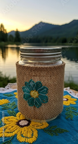 A green glass jar floats like a tiny boat on the isolated lake, an empty container awaiting sweet honey or jam