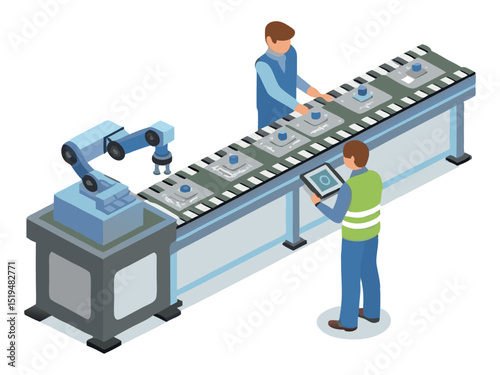 Human workers and robotic arms work together on an assembly line in a cartoon scene, highlighting automation and quality control precision.