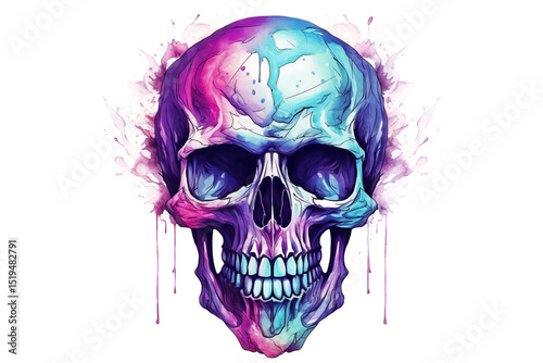 Colorful skull sketch illustration in purple and blue tones on transparent background.