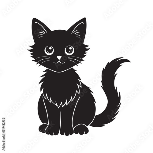 Adorable Fluffy Black Kitten Sitting with Big Bright Eyes