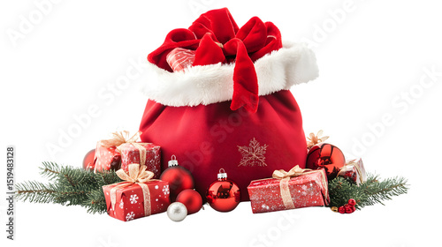 Festive Santa Bag Filled with Gifts and Ornaments, Featuring Ribbons and Holiday Joy