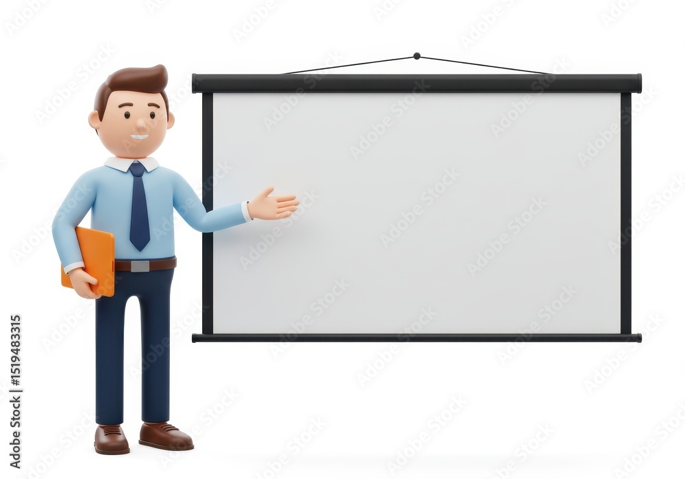 3D Illustration of Cartoon businessman giving a presentation near a blank whiteboard isolated on white background 3D Illustration of Cartoon businessman giving a presentation near a blank whiteboard isolated on white background