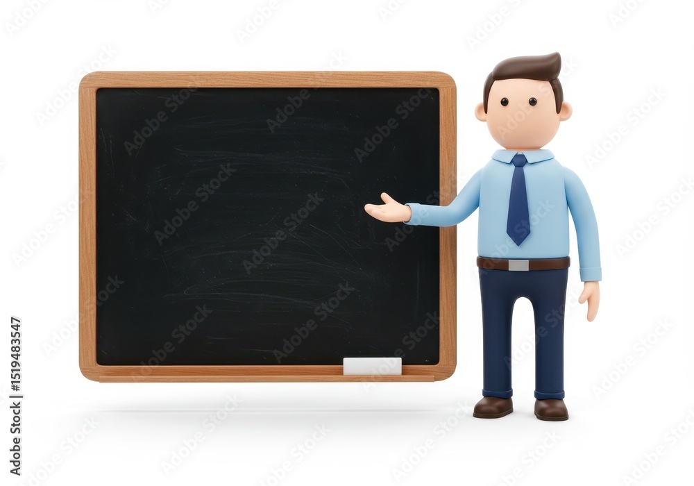 3D Illustration of Cartoon teacher presenting a blank chalkboard isolated on white background with chalk ready for a lesson or presentation 3D Illustration of Cartoon teacher presenting a blank chalkboard isolated on white background with chalk ready for a lesson or presentation